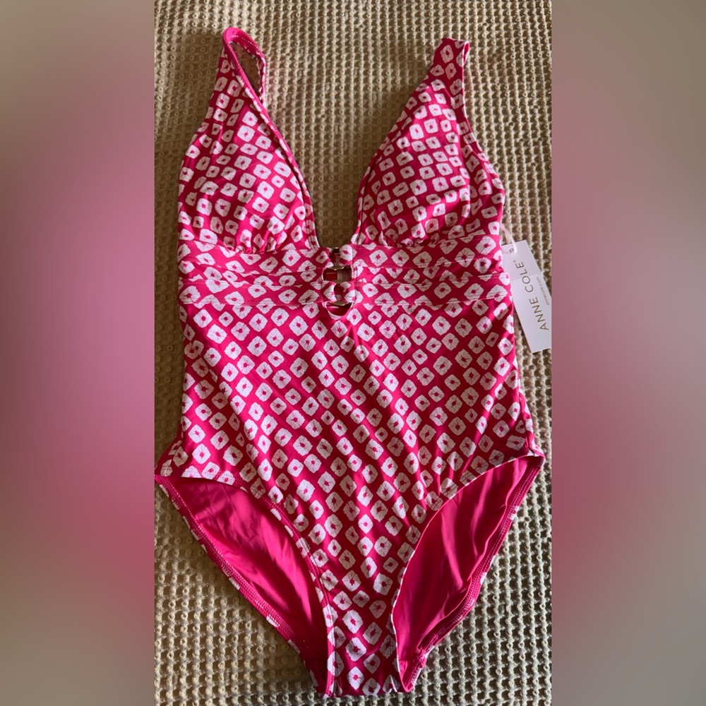 Ann Cole  Shibori Geo Double Ring Plunge Front One Piece Swimsuit Sz 6